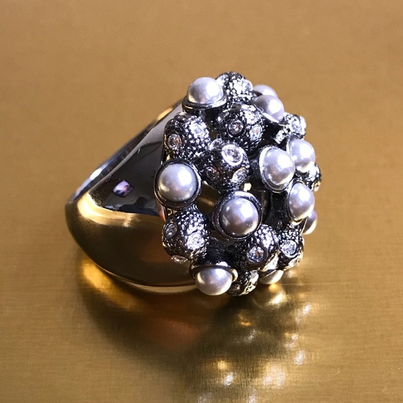 Vintage Heirloom Chunky Pearls Crystal Silver Ring - Picture 7 of 16